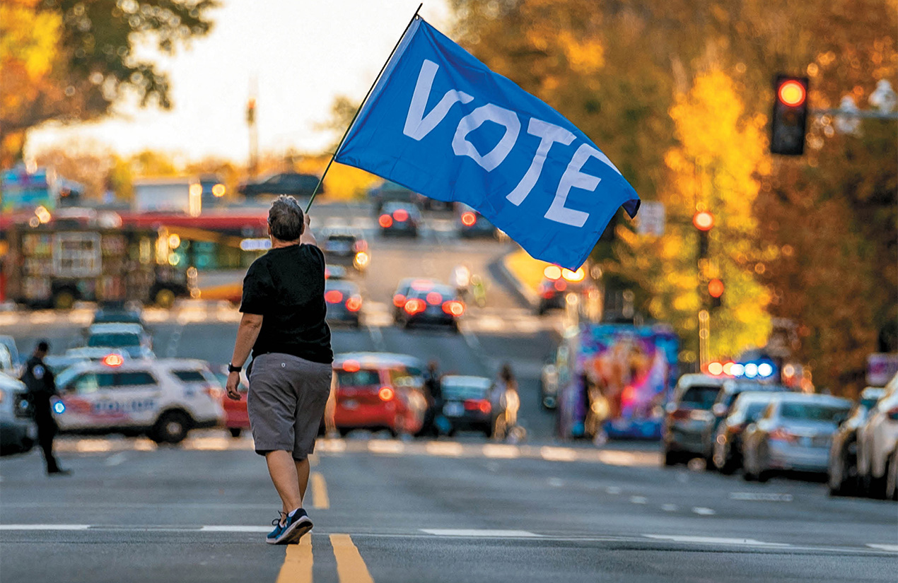 Person walking with a blue flag with Vote written in white