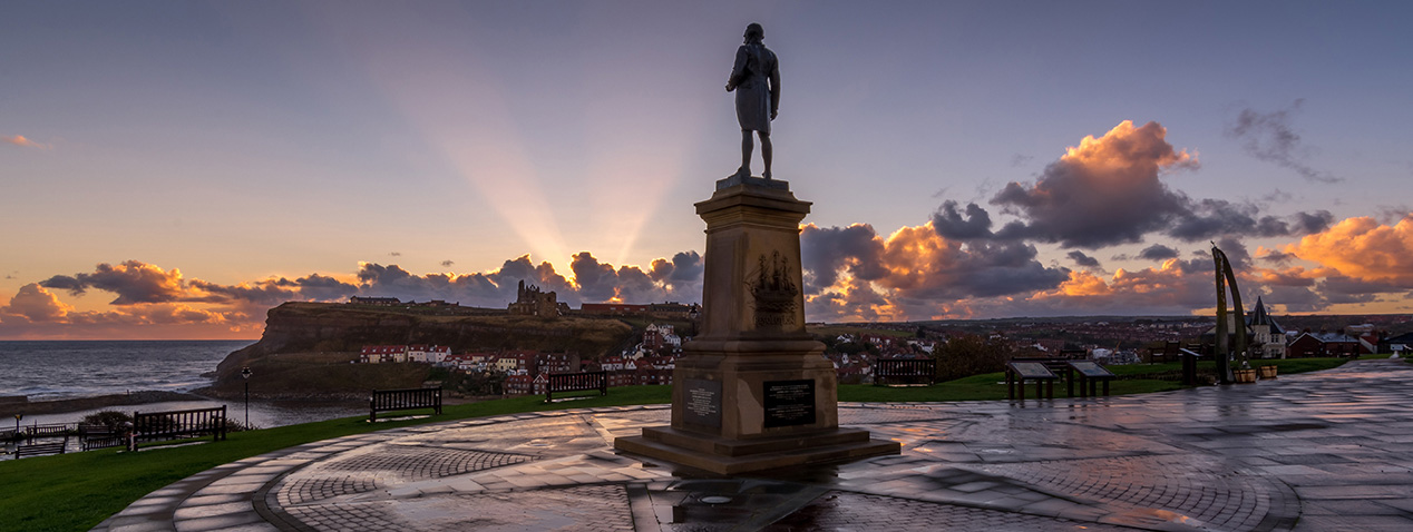 Whale bones Whitby Harbour statue Captain Cook