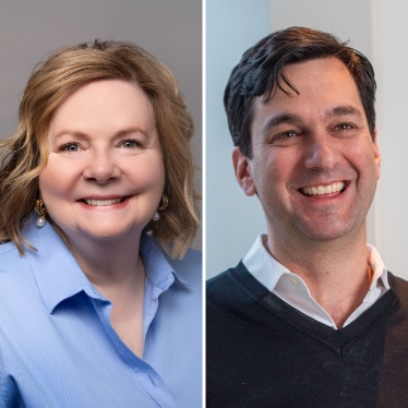 Portraits of two individuals smiling, on the left is a person wearing a blue shirt and earrings, and on the right is a person in a dark sweater.