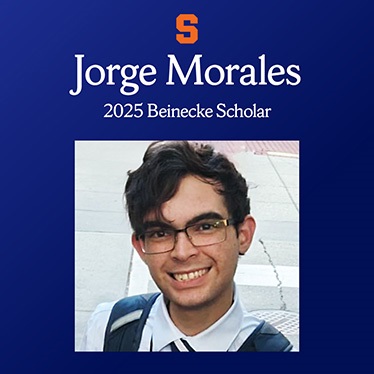 Portrait of Jorge Morales, named as a 2025 Beinecke Scholar, smiling in front of a university building, with text overlay on a blue background.