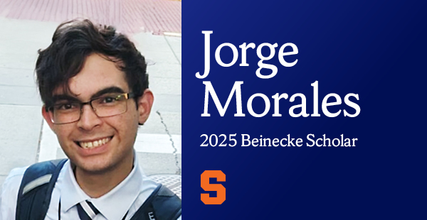 Portrait of Jorge Morales, named as a 2025 Beinecke Scholar, smiling in front of a university building, with text overlay on a blue background.