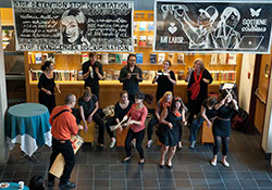 A Brazilian music ensemble performing at an art exhibition in Eggers Hall A Brazilian music ensemble performing at an art exhibition in Eggers Hall
