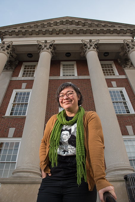 Fabiola Ortiz Valdez stands on the steps of Maxwell Hall wearing a Frida Kahlo t-shirt Fabiola Ortiz Valdez stands on the steps of Maxwell Hall wearing a Frida Kahlo t-shirt