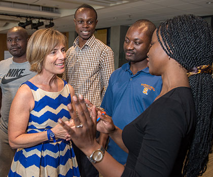 Mandela Fellows talking to Anne Wadsworth, executive director of the Girls Education Collaborative Mandela Fellows talking to Anne Wadsworth, executive director of the Girls Education Collaborative
