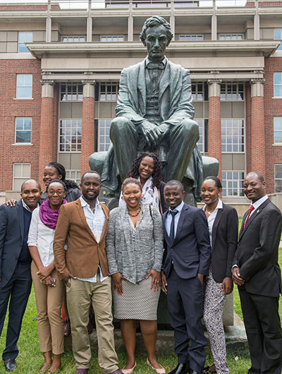 Mandela Washington Fellows posing in front of the Lincoln statue on the quad Mandela Washington Fellows posing in front of the Lincoln statue on the quad